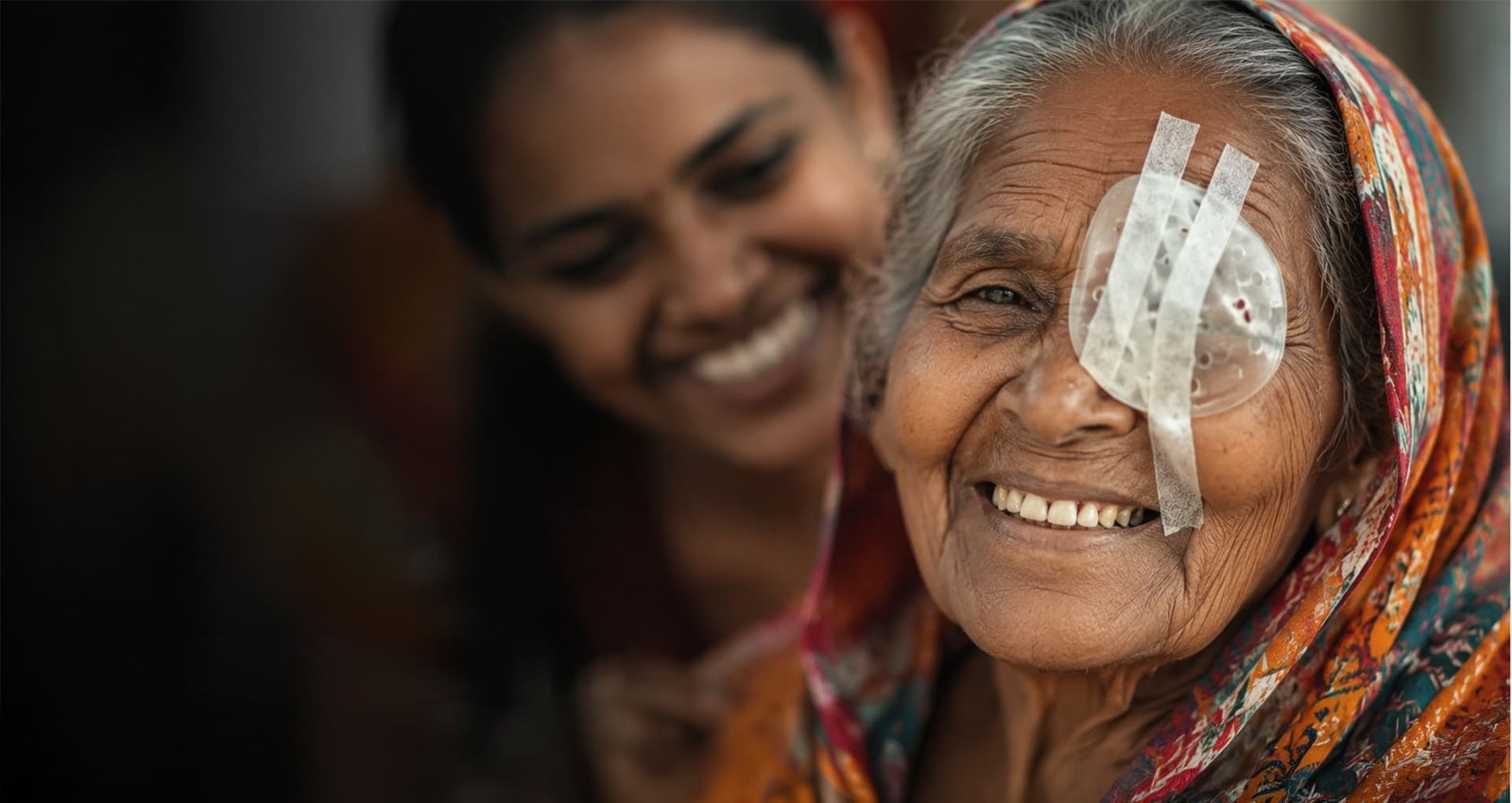 Elderly patient with eye shield smiling